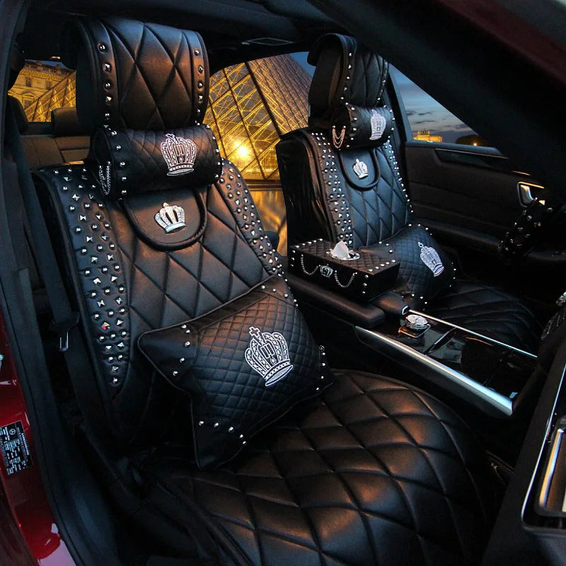 Crown Car Interior Accessories for Women Leather Steering Wheel Covers Tiessue Box Neck Lumbar Pillows Seatbelt Shifter Sets