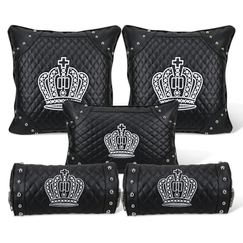 Crown Car Interior Accessories for Women Leather Steering Wheel Covers Tiessue Box Neck Lumbar Pillows Seatbelt Shifter Sets