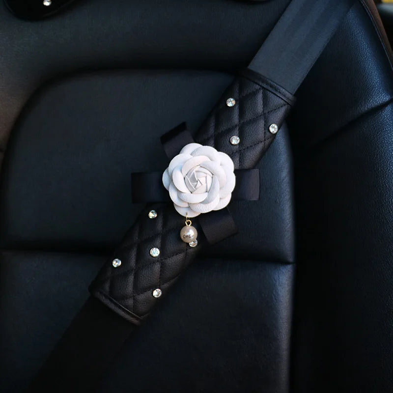 Camellia Flower Car Interior Accessories Crystal Leather Steering Wheel Cover Seat Belt Shifter Cover Auto Headrest Mirror Case