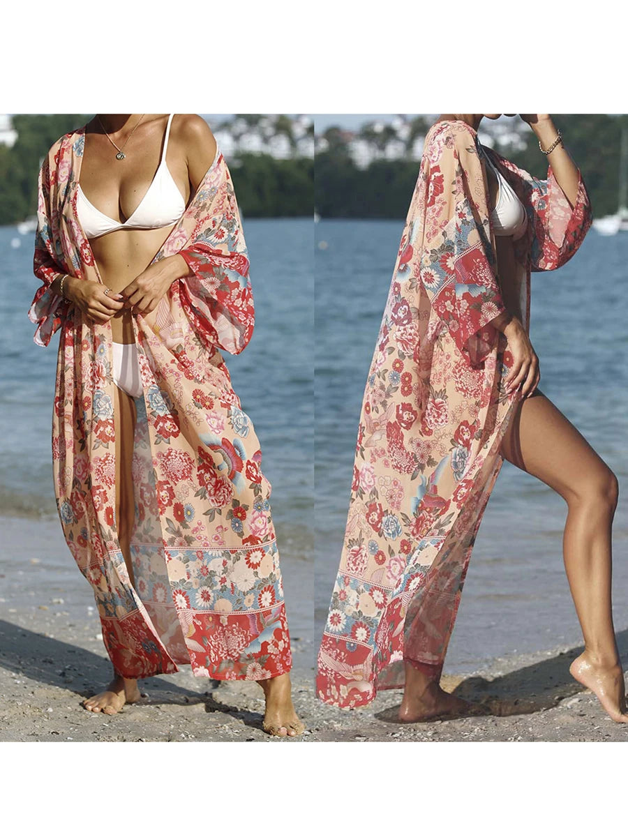 Floral Print Bikini Sexy Cover Up For Beach Long Kimonos Bikini Cover Up Robe de Plage Sarong Beach Swimsuit Cardigans Cover-ups