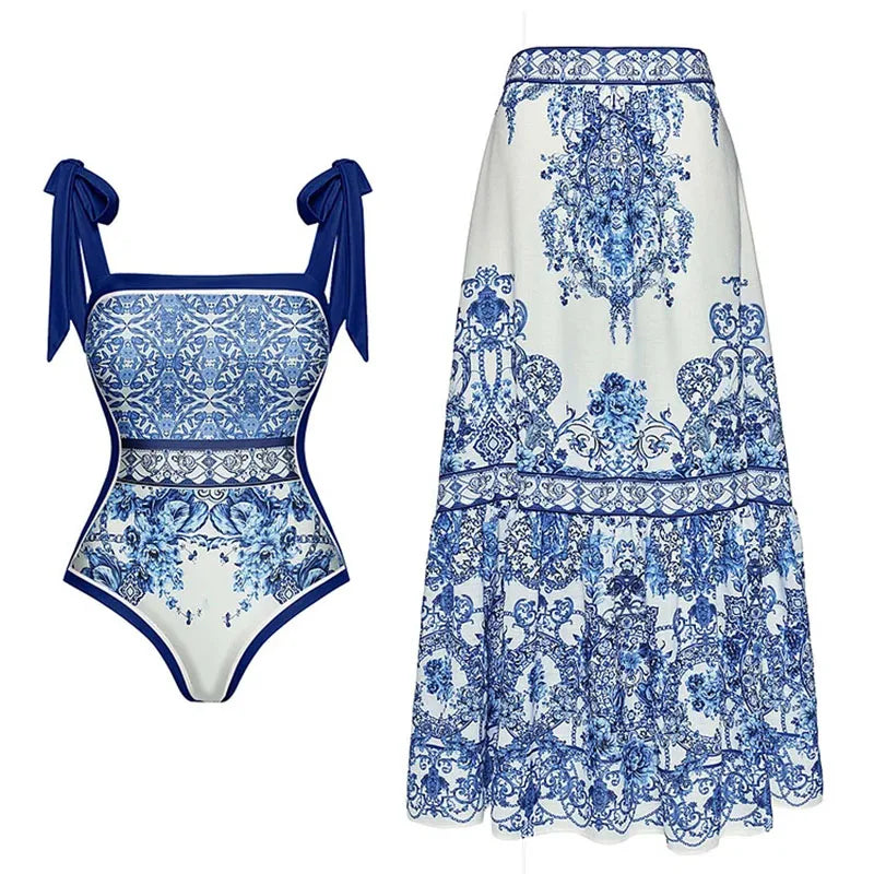 One-piece Women Swimwear Blue Ethnic Style Print Swimsuit Bodysuit Bikini Set Beach Vacation Style Wear Maxi Dress Skirt