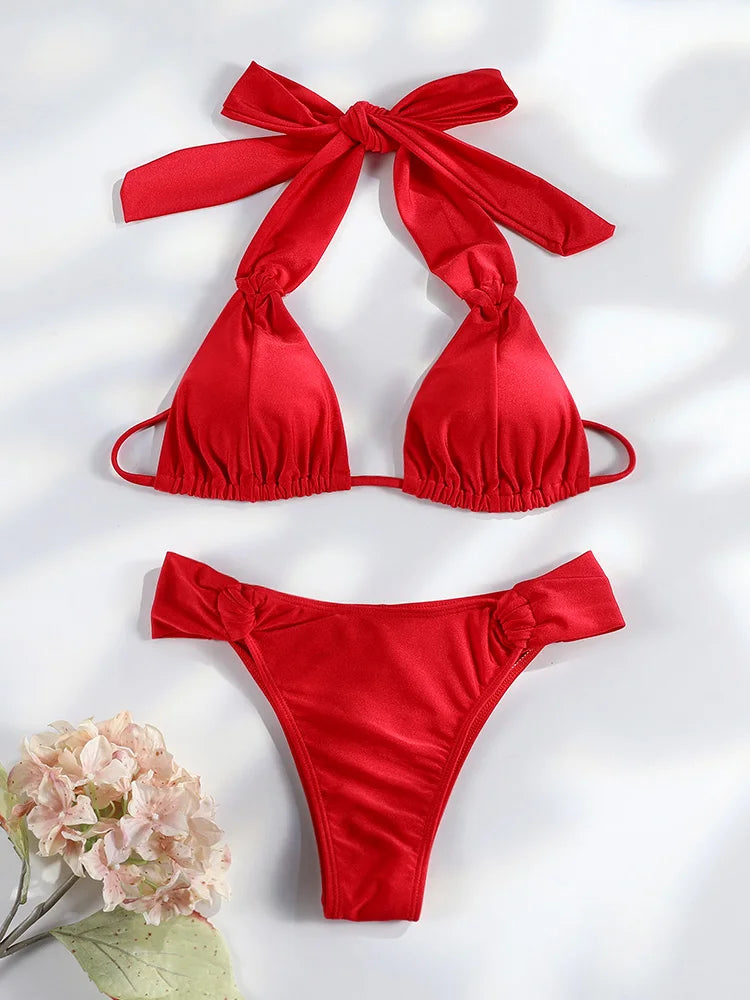 Miyouj Pleasted Bikinis Colaless Swimsuit Triangle Bikini Set Women Swimwear Halter Bathing Suits Bandage Beachwear Brazilian
