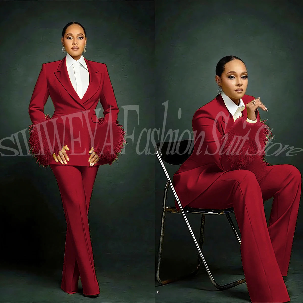 Fashion Chic Suits For Women Luxury Feather Applique Single Breasted 2 Pieces Female Suit (Blazer+Pants) Conjuntos De Pantalones
