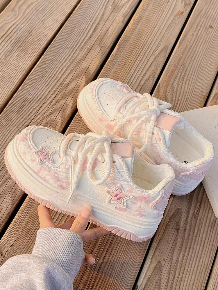 2026 Spring New Platform Sneakers for Women Fashion Casual Pink Shoes Female Lace Designer Chunky Sneakers Shoes Woman