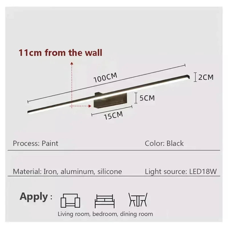 Modern LED Wall Lamp Mirror Decor Lighting 60/80/100cm Long Strip Light For Bedroom Bathroom Washroom Kitchen Indoor Luminaires