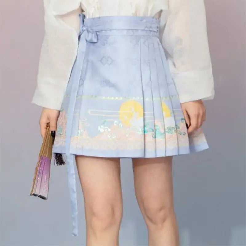 2024 New Fashion Chinese Style Retro Summer Printed Pleated Lace Up Women&