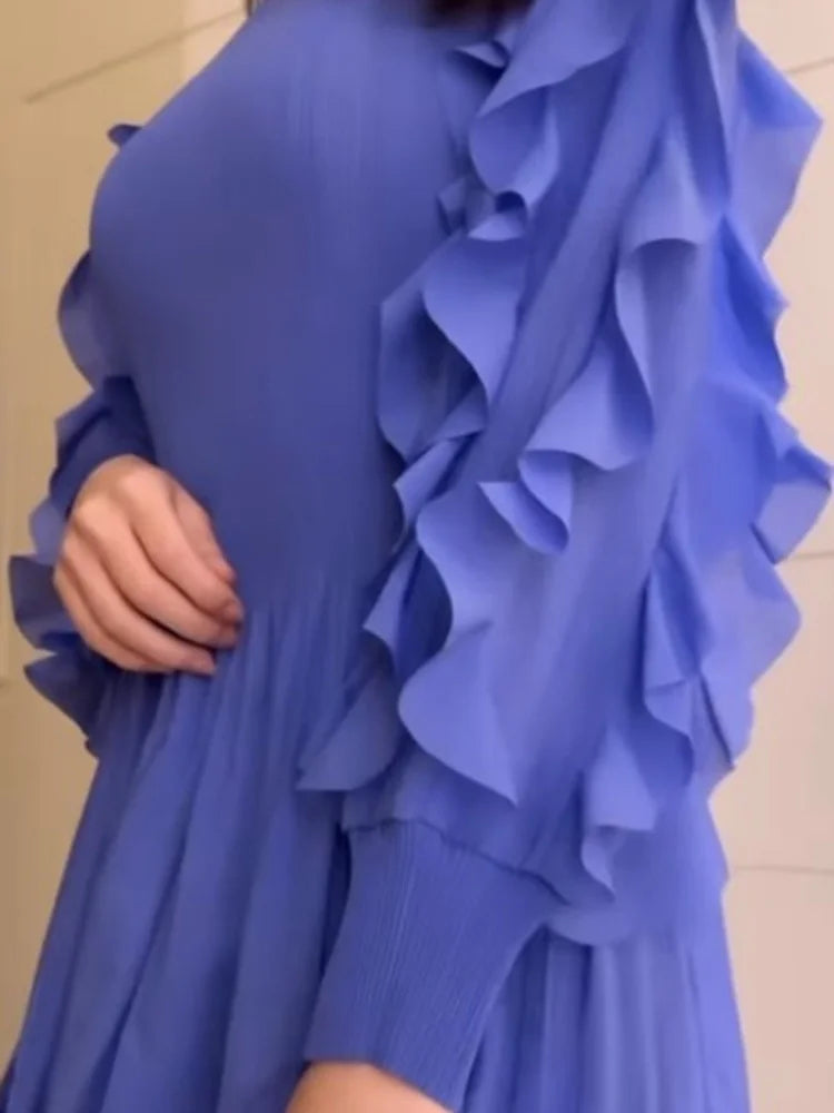 EGRM Ruffles Pleated Dress O-Neck Long Sleeves Fashion Solid Color High Waist Stitching Party Dresses for Women 2024 New 2RM1628