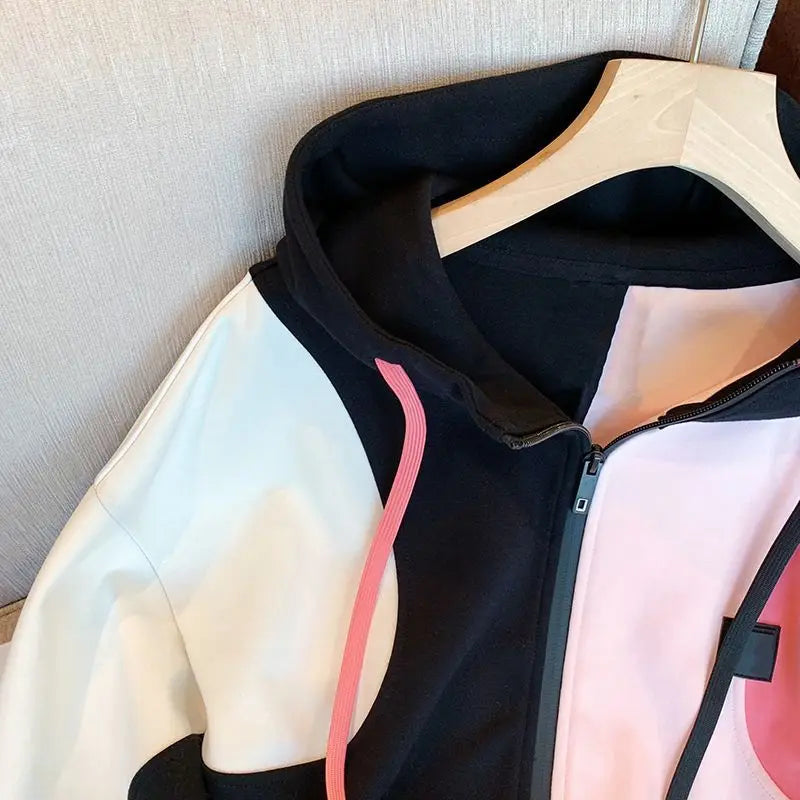 Women Hoodies Harajuku Casual Loose Jacket Sweatshirts Patchwork Color Long Sleeve Hooded Sweatshirt Zipper Coats Lady