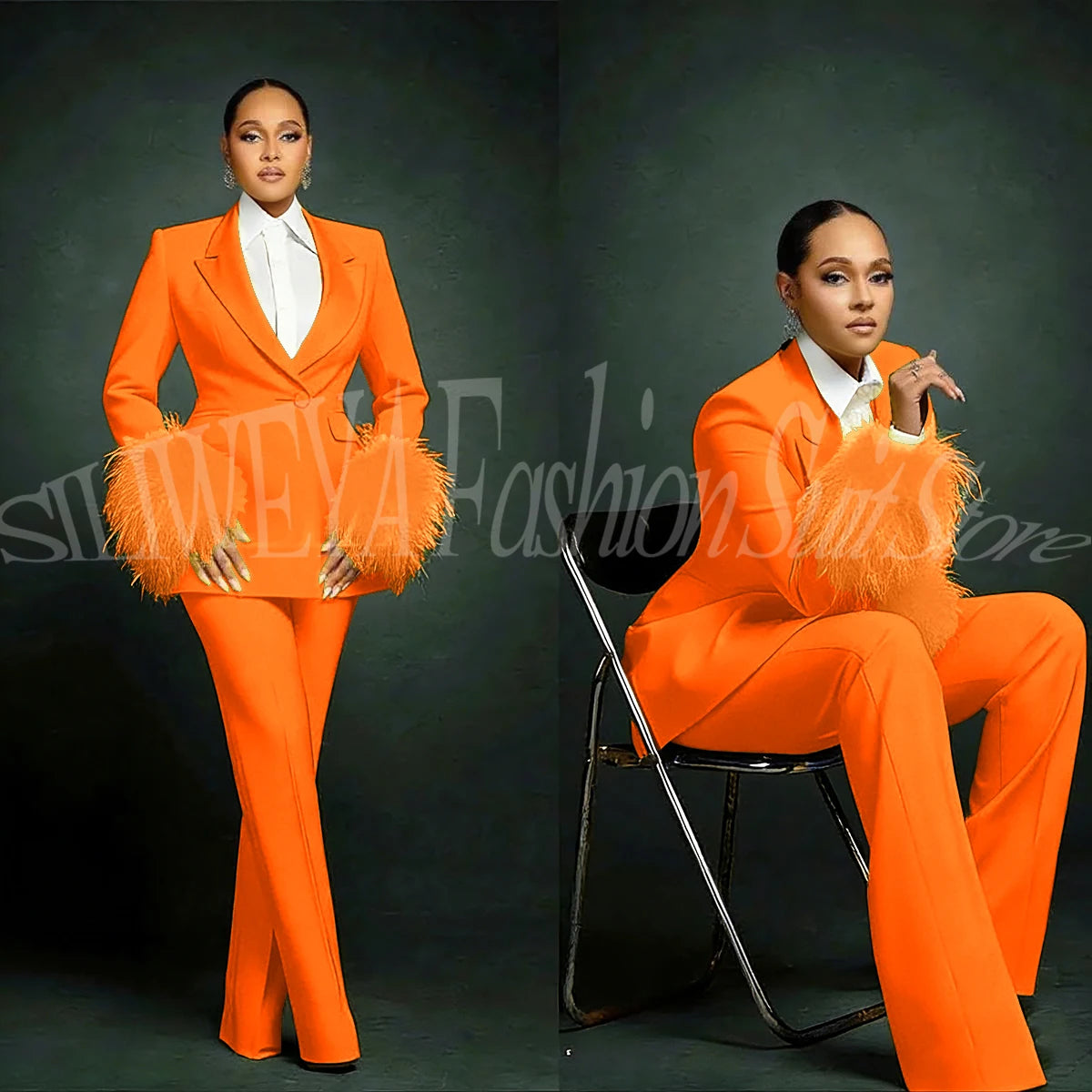 Fashion Chic Suits For Women Luxury Feather Applique Single Breasted 2 Pieces Female Suit (Blazer+Pants) Conjuntos De Pantalones