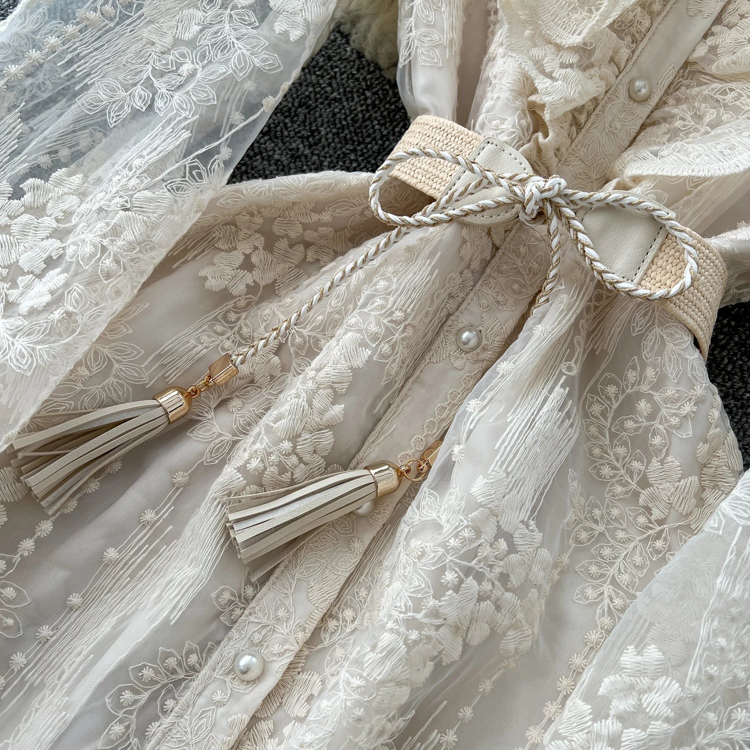 French Luxury Fashion Flower Mesh Embroidery Dress High Quality Women Stand Long Flare Sleeve Ruffles Belt Party Long Vestidos