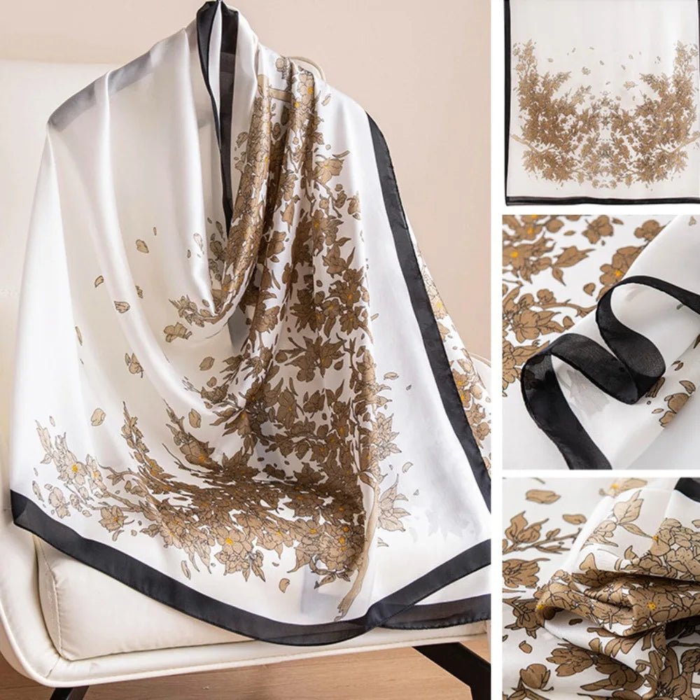 Fashion Korean Luxury Silk Scarf Elegant Lotus Pattern Chiffon Shawl Wrap Soft Printing Women Hijab Shawls Female