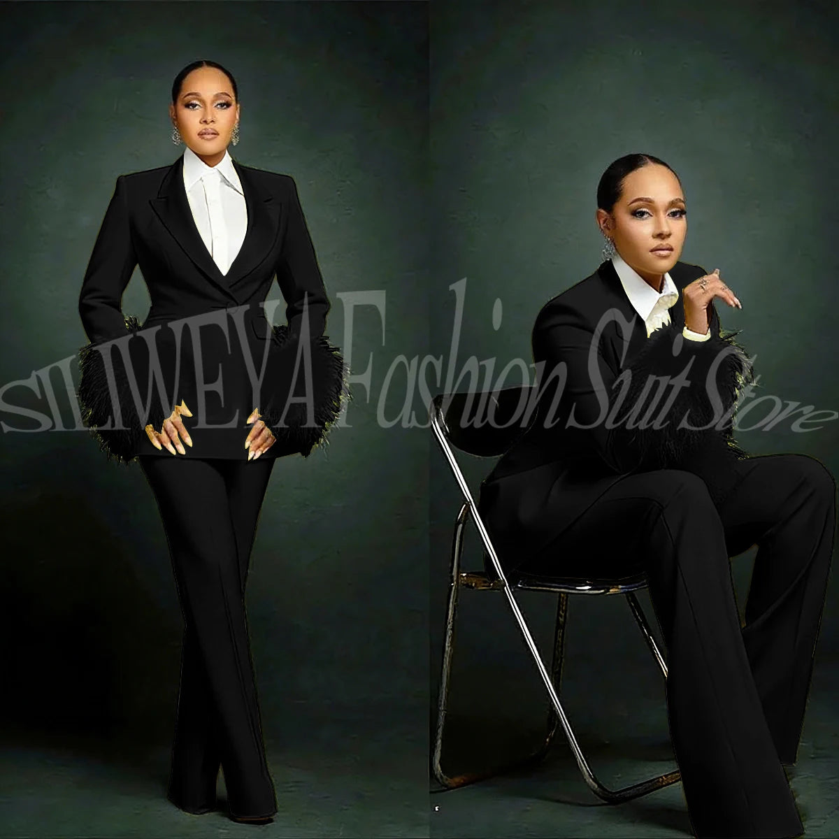 Fashion Chic Suits For Women Luxury Feather Applique Single Breasted 2 Pieces Female Suit (Blazer+Pants) Conjuntos De Pantalones