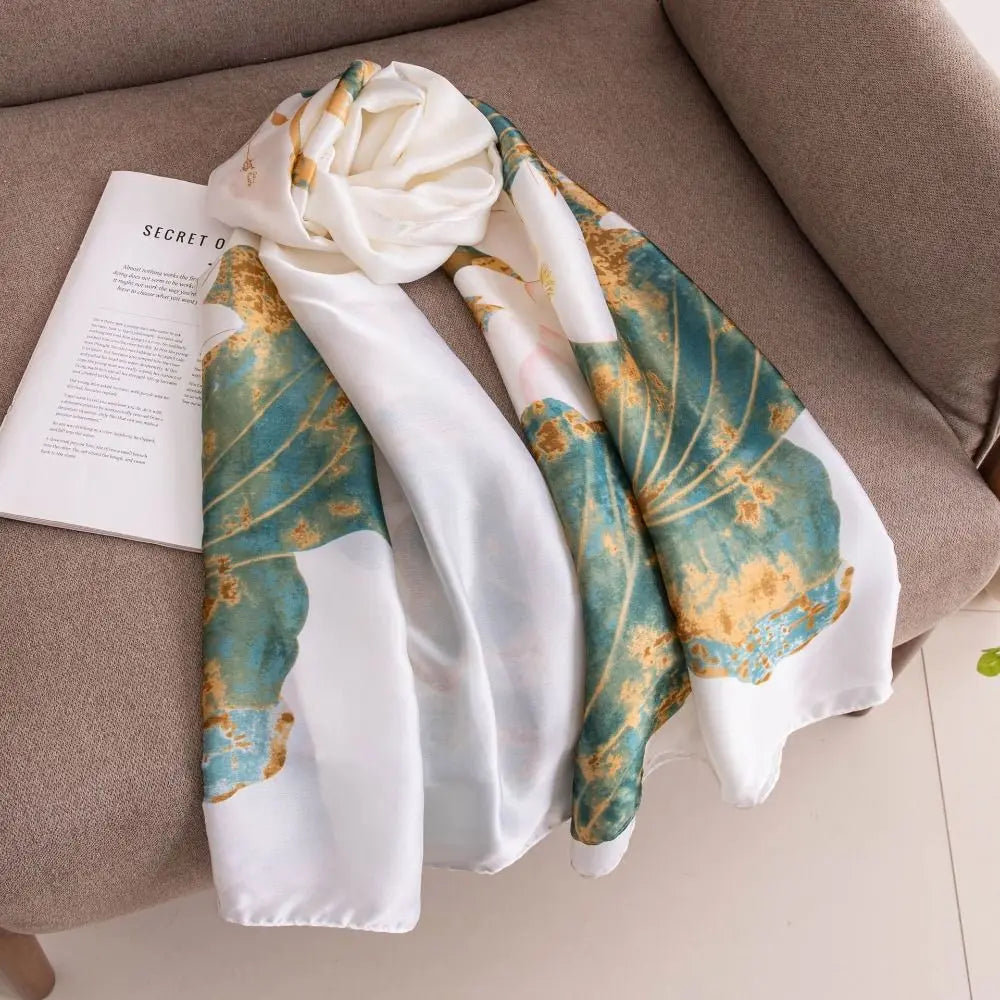 Fashion Korean Luxury Silk Scarf Elegant Lotus Pattern Chiffon Shawl Wrap Soft Printing Women Hijab Shawls Female
