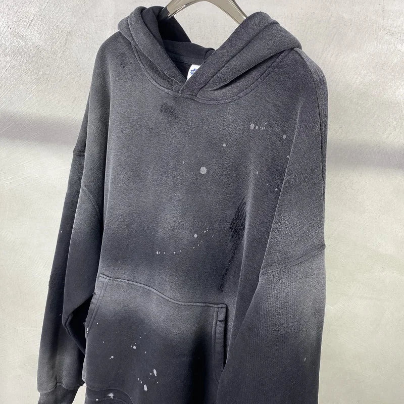 Street Wear Speckled Ink Rubbed Hooded Hoodies Fashion Sense Distressed Winter Coat Men&
