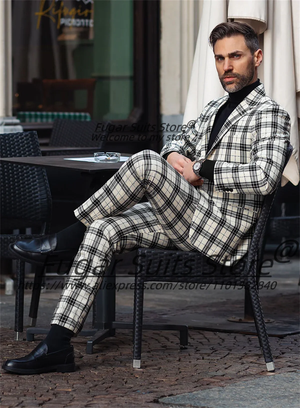Fashion French style Plaid Groom Wedding Tuxedos Customized Slim Fit Notched Lapel Men Suits Male Prom Blazers Costume Homme