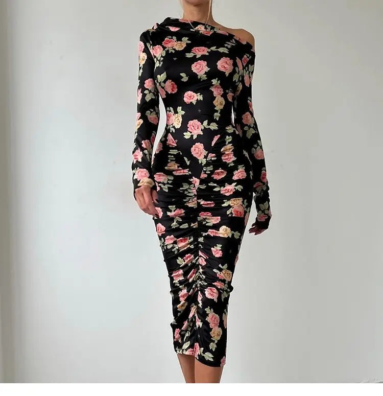 French Style Is Beautiful and Pure, Classical Artist Floral Pleated Slanted Shoulder Long-sleeved Dress Women&