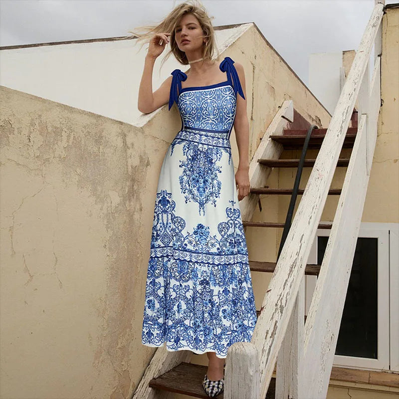 One-piece Women Swimwear Blue Ethnic Style Print Swimsuit Bodysuit Bikini Set Beach Vacation Style Wear Maxi Dress Skirt