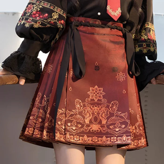 2024 New Fashion Chinese Style Retro Summer Printed Pleated Lace Up Women&