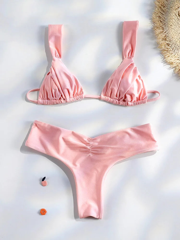 Miyouj Pleasted Bikinis Colaless Swimsuit Triangle Bikini Set Women Swimwear Halter Bathing Suits Bandage Beachwear Brazilian