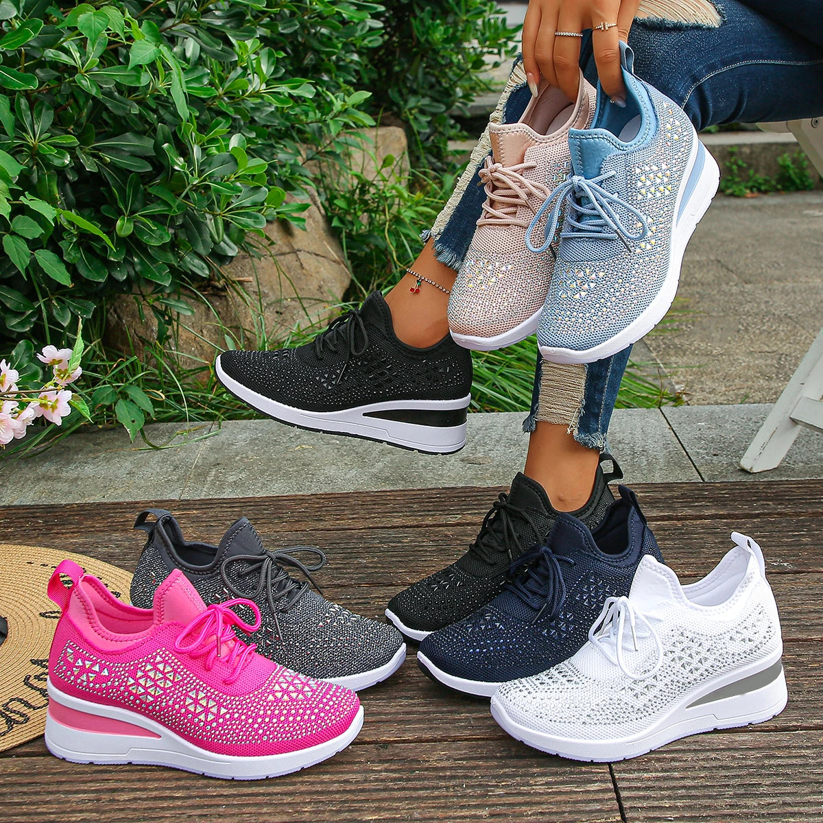 Designer Sneakers Women Shoes New Women Mesh Platform Sneakers High Heels Wedges Thick Bottom Breathable Casual Vulcanize Shoes