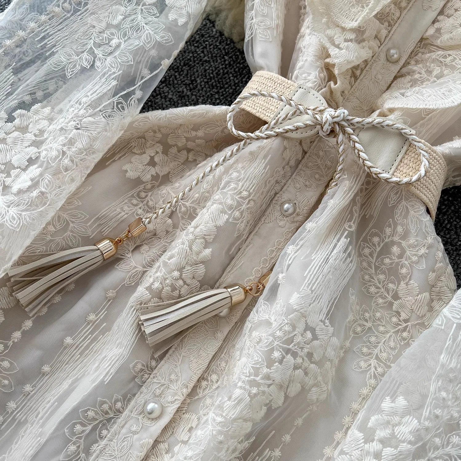 French Luxury Fashion Flower Mesh Embroidery Dress High Quality Women Stand Long Flare Sleeve Ruffles Belt Party Long Vestidos