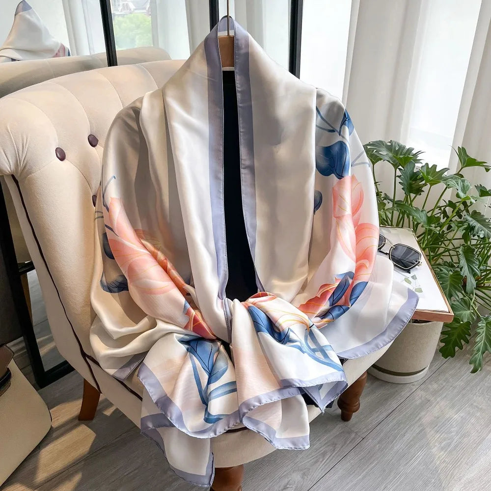 Fashion Korean Luxury Silk Scarf Elegant Lotus Pattern Chiffon Shawl Wrap Soft Printing Women Hijab Shawls Female