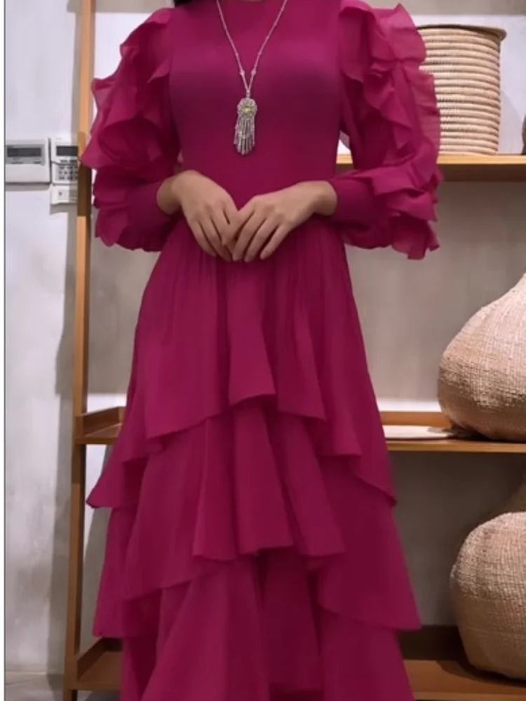 EGRM Ruffles Pleated Dress O-Neck Long Sleeves Fashion Solid Color High Waist Stitching Party Dresses for Women 2024 New 2RM1628