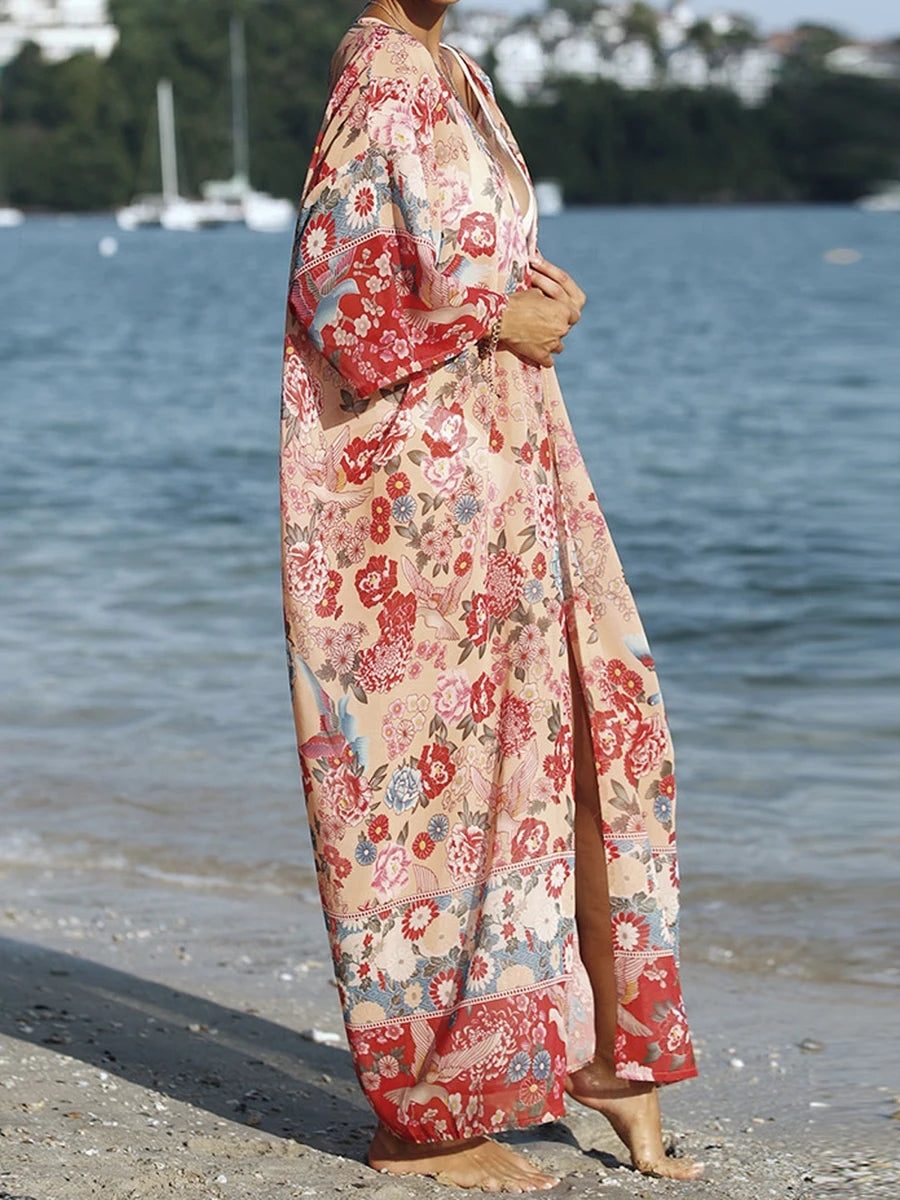 Floral Print Bikini Sexy Cover Up For Beach Long Kimonos Bikini Cover Up Robe de Plage Sarong Beach Swimsuit Cardigans Cover-ups