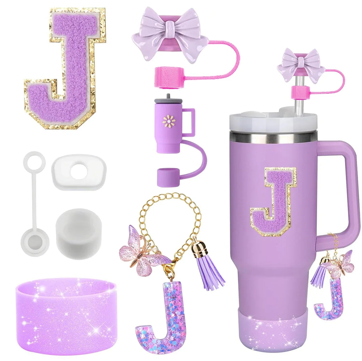 8PCS Accessories Set for Stanley Cup Purple 30oz 40oz tumbler Silicone Straw Topper Cover Cap Boot Handle Charm Initials Sticker