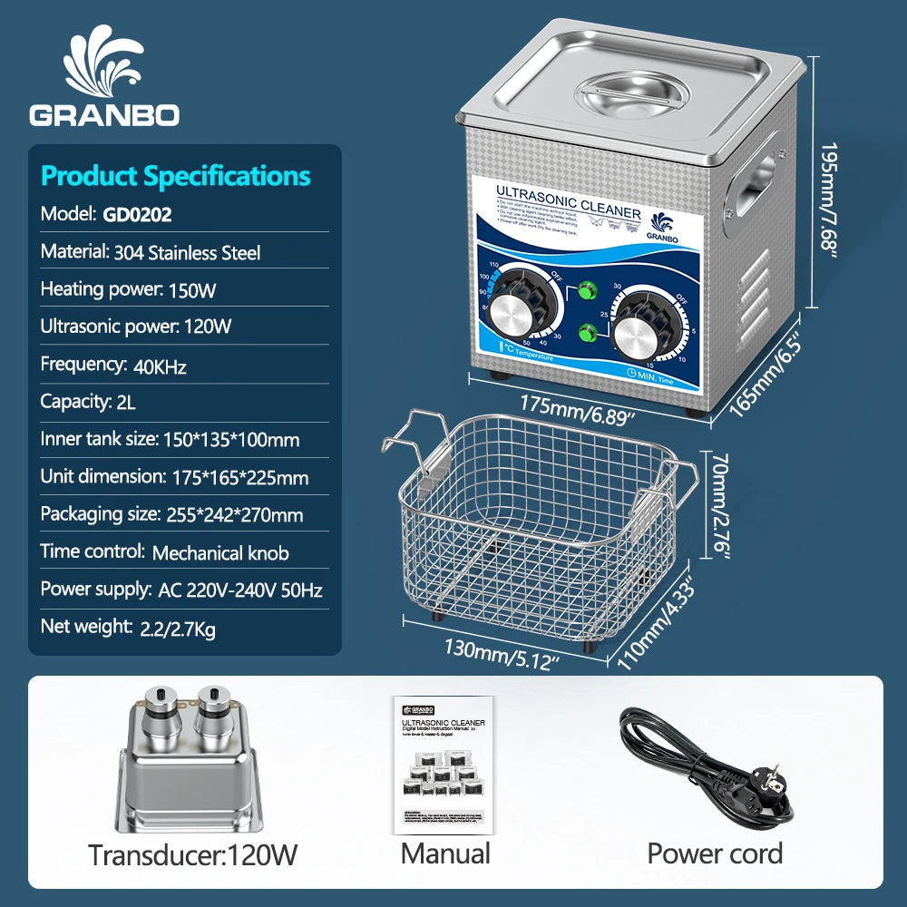 Granbosonic 2L 120W Ultrasonic Cleaner Machine Stainless Steel With Heater Timer 40KHz Dental Jewelry Glasses for Home