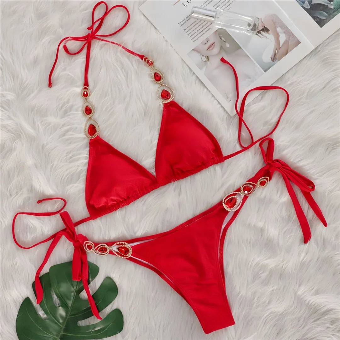 Sexy Diamond Rhinestones Scrunch Butt Bikini Women Swimwear Female Swimsuit Two-pieces Bikini set Bather Bathing Suit Swim V6149