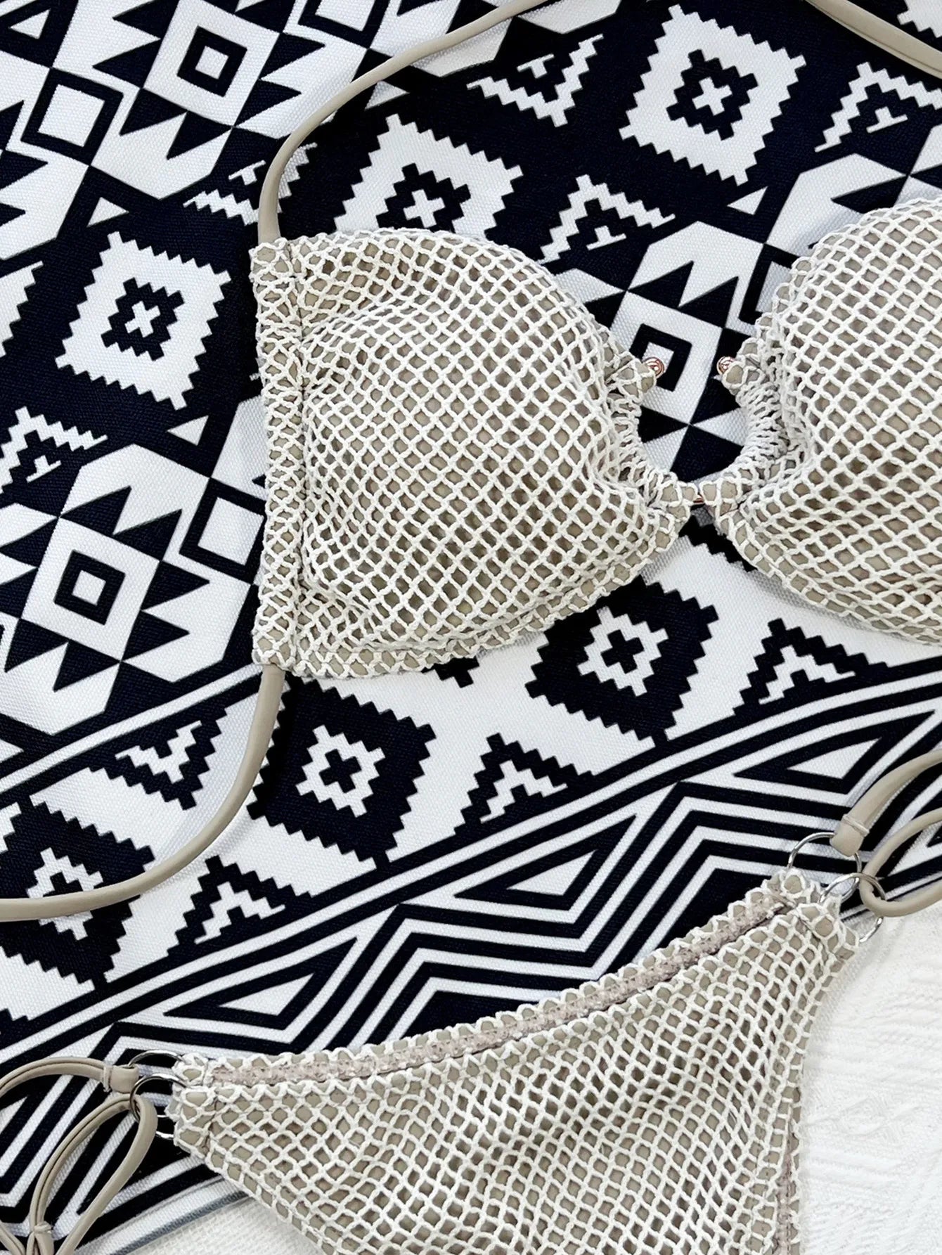 Women Sexy Hollow Out Swimsuit Triangle Thong Padded Bikini Crochet 2 Pieces Suit Halter Lace-Up Swimwear Backless Bathing Suits