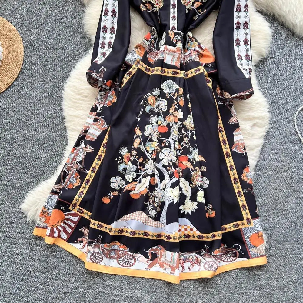Fashion High-End Feeling Gown Dress Elegant European Court Style Long Printed Slimming New Women&