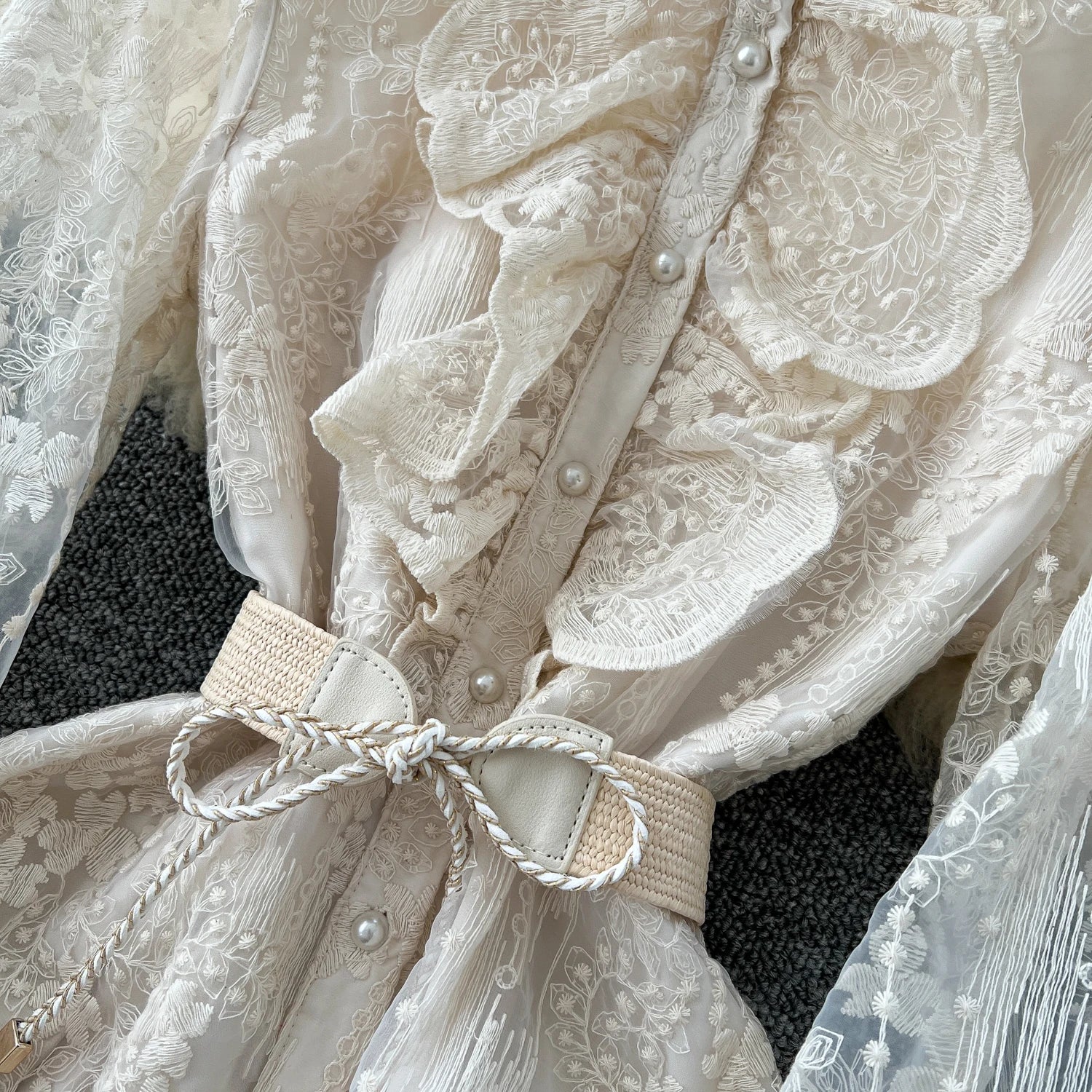 French Luxury Fashion Flower Mesh Embroidery Dress High Quality Women Stand Long Flare Sleeve Ruffles Belt Party Long Vestidos