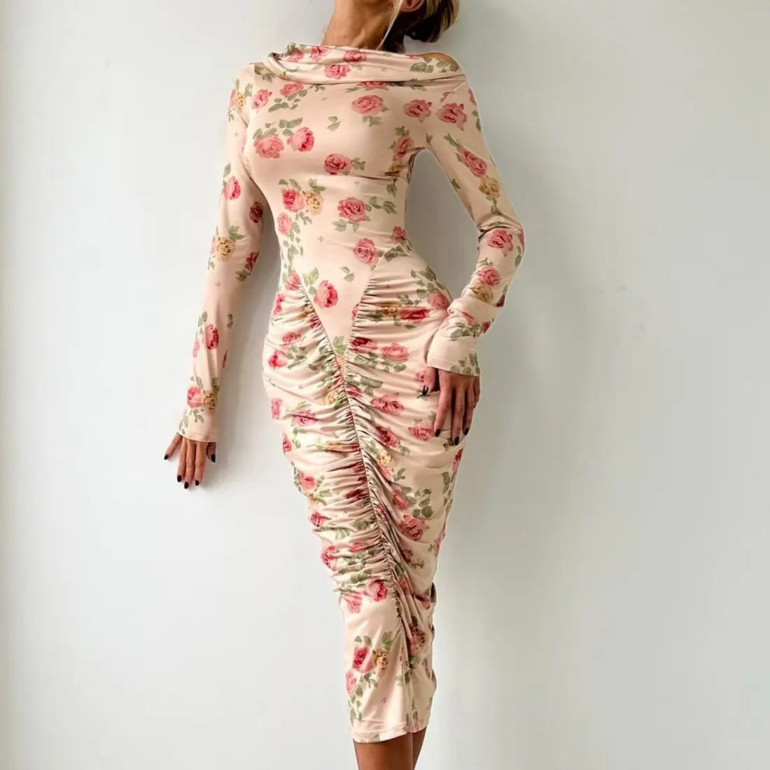 French Style Is Beautiful and Pure, Classical Artist Floral Pleated Slanted Shoulder Long-sleeved Dress Women&