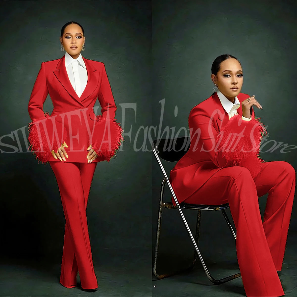 Fashion Chic Suits For Women Luxury Feather Applique Single Breasted 2 Pieces Female Suit (Blazer+Pants) Conjuntos De Pantalones