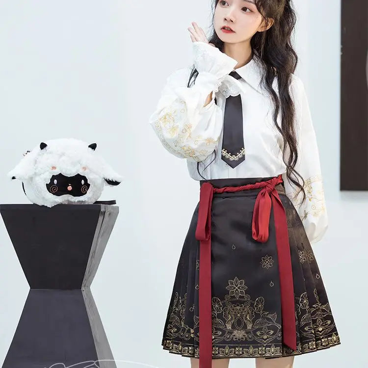 2024 New Fashion Chinese Style Retro Summer Printed Pleated Lace Up Women&
