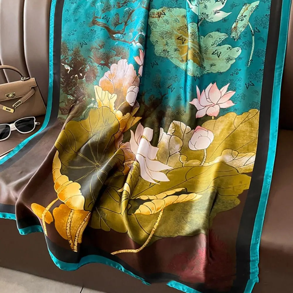 Fashion Korean Luxury Silk Scarf Elegant Lotus Pattern Chiffon Shawl Wrap Printing Soft Women Hijab Shawls Female