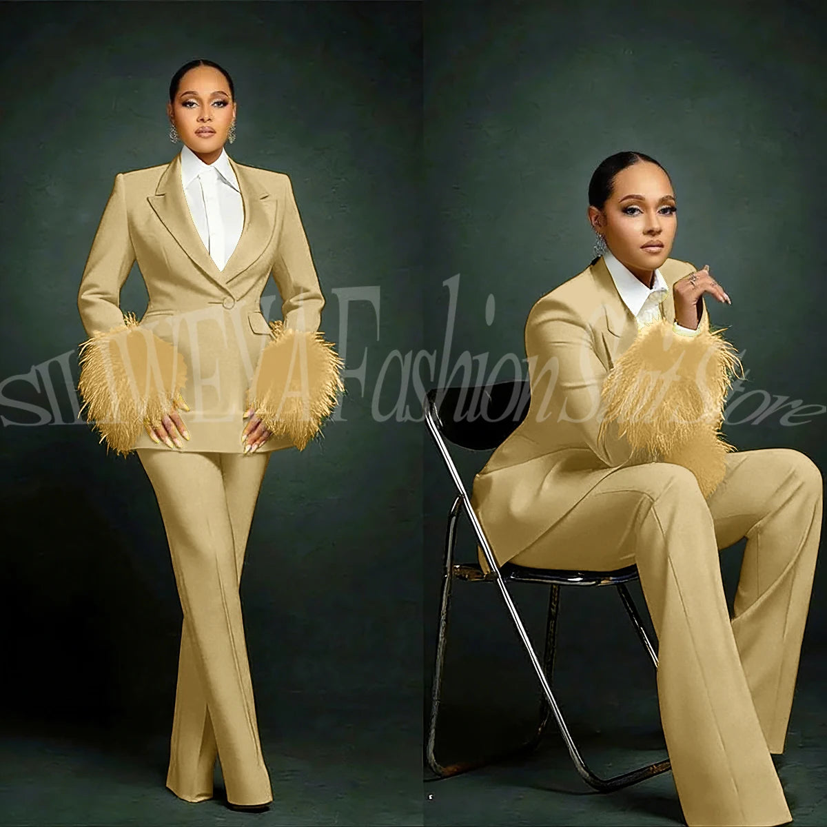 Fashion Chic Suits For Women Luxury Feather Applique Single Breasted 2 Pieces Female Suit (Blazer+Pants) Conjuntos De Pantalones