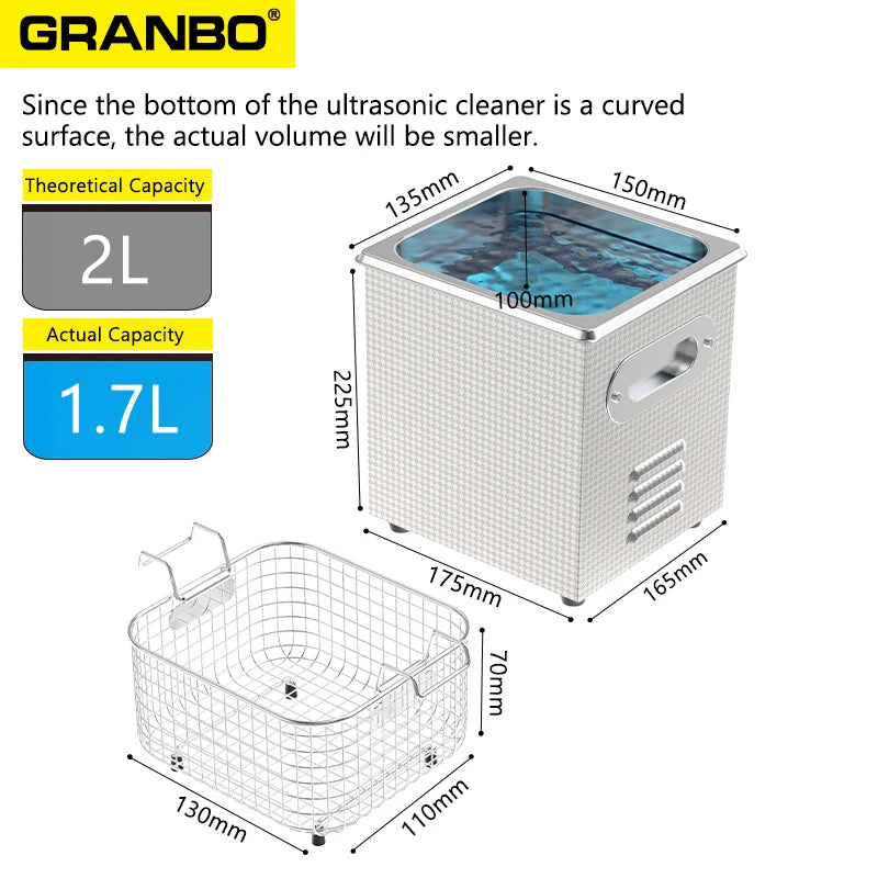 Granbosonic 2L 120W Ultrasonic Cleaner Machine Stainless Steel With Heater Timer 40KHz Dental Jewelry Glasses for Home