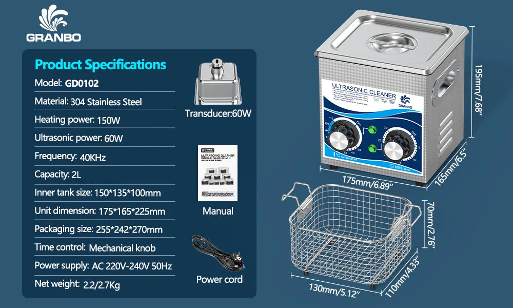 Granbosonic 2L 120W Ultrasonic Cleaner Machine Stainless Steel With Heater Timer 40KHz Dental Jewelry Glasses for Home