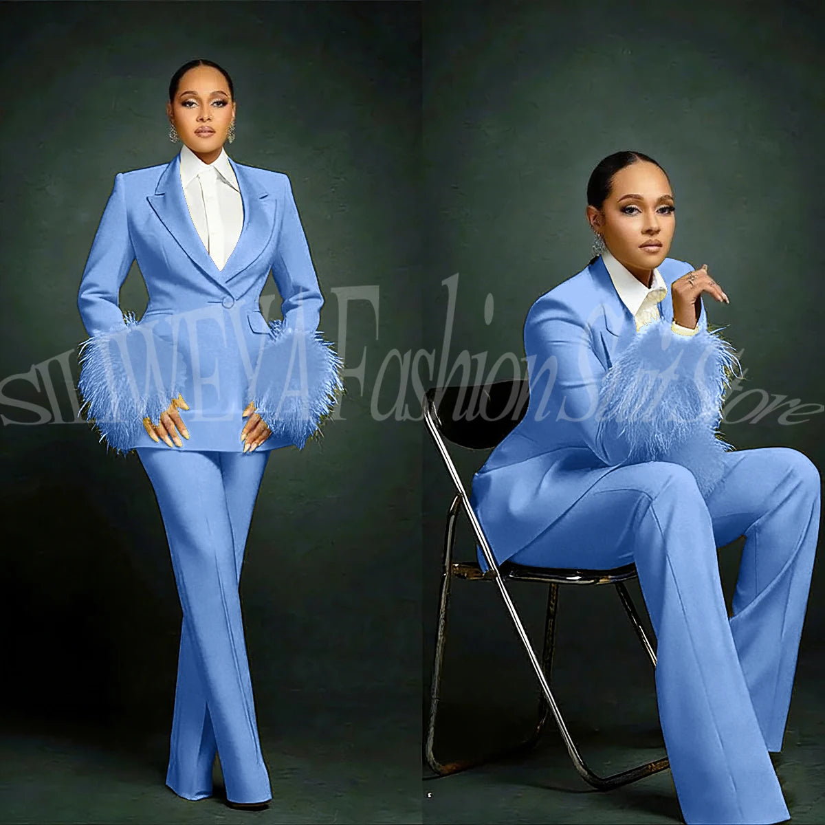 Fashion Chic Suits For Women Luxury Feather Applique Single Breasted 2 Pieces Female Suit (Blazer+Pants) Conjuntos De Pantalones
