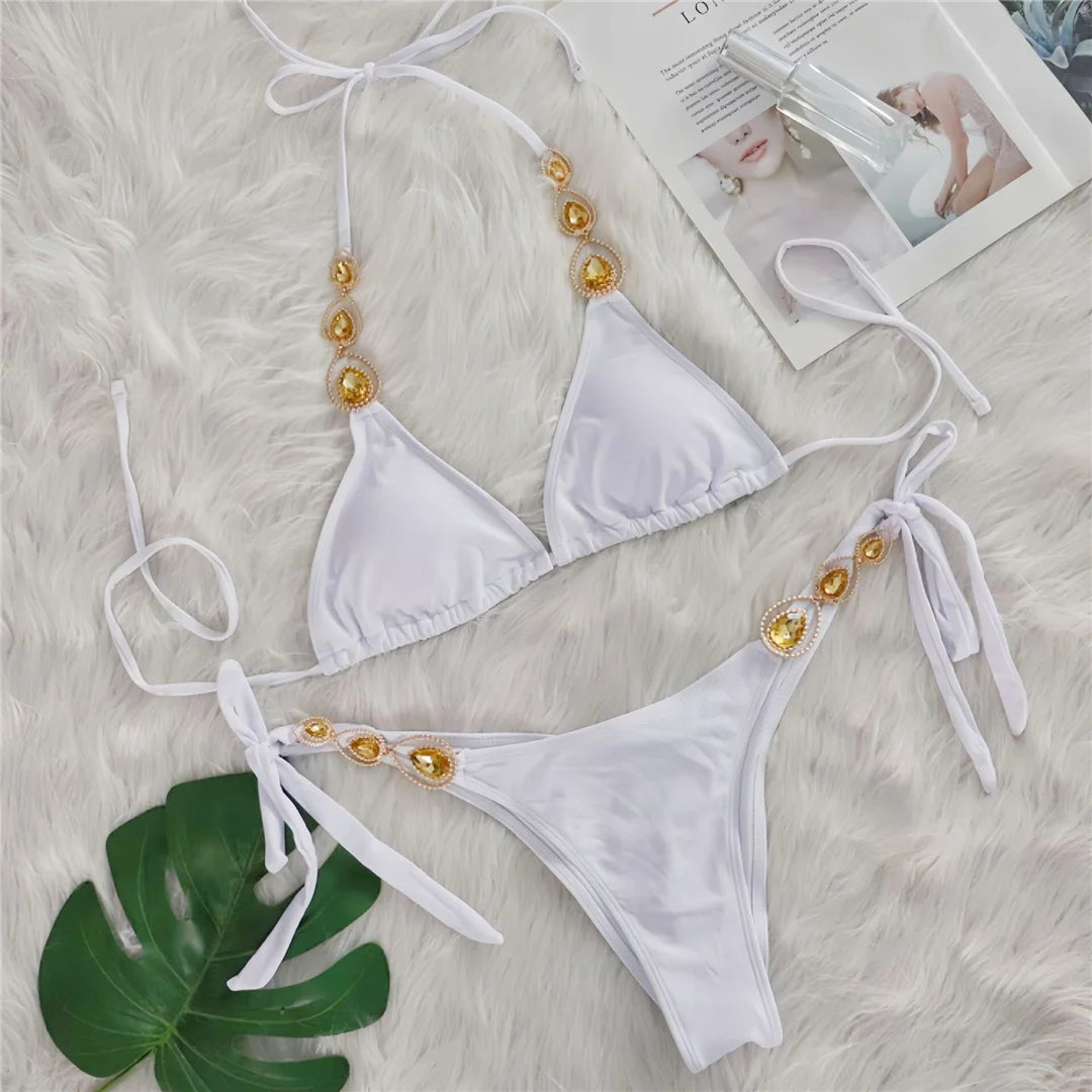 Sexy Diamond Rhinestones Scrunch Butt Bikini Women Swimwear Female Swimsuit Two-pieces Bikini set Bather Bathing Suit Swim V6149