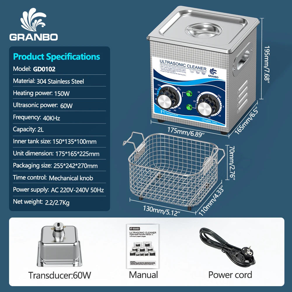 Granbosonic 2L 120W Ultrasonic Cleaner Machine Stainless Steel With Heater Timer 40KHz Dental Jewelry Glasses for Home