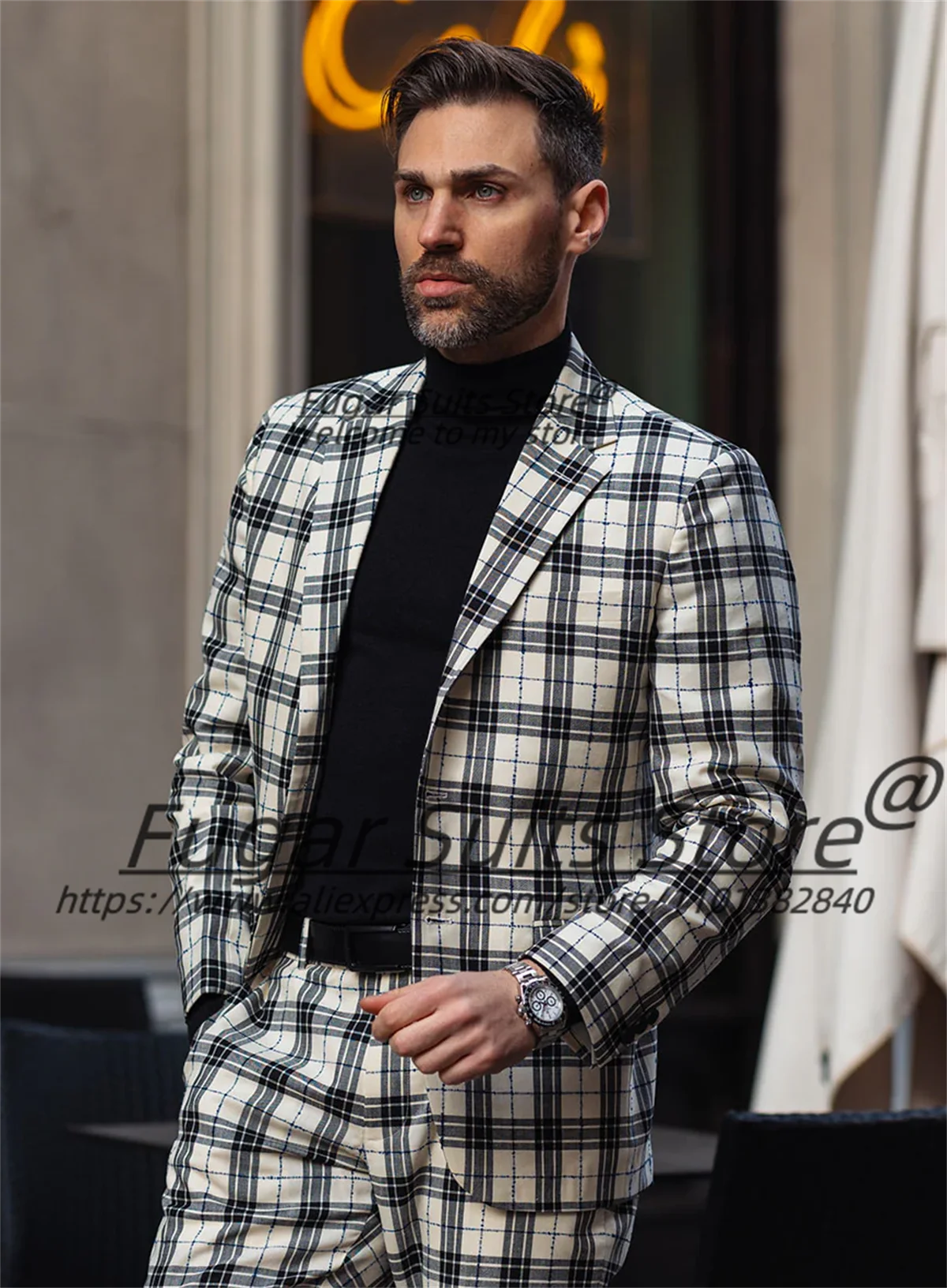 Fashion French style Plaid Groom Wedding Tuxedos Customized Slim Fit Notched Lapel Men Suits Male Prom Blazers Costume Homme