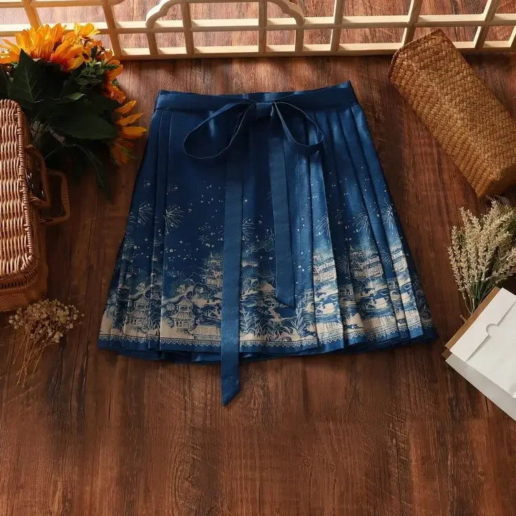 2024 New Fashion Chinese Style Retro Summer Printed Pleated Lace Up Women&