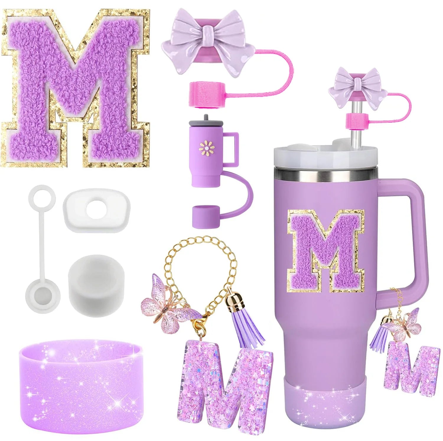 8PCS Accessories Set for Stanley Cup Purple 30oz 40oz tumbler Silicone Straw Topper Cover Cap Boot Handle Charm Initials Sticker