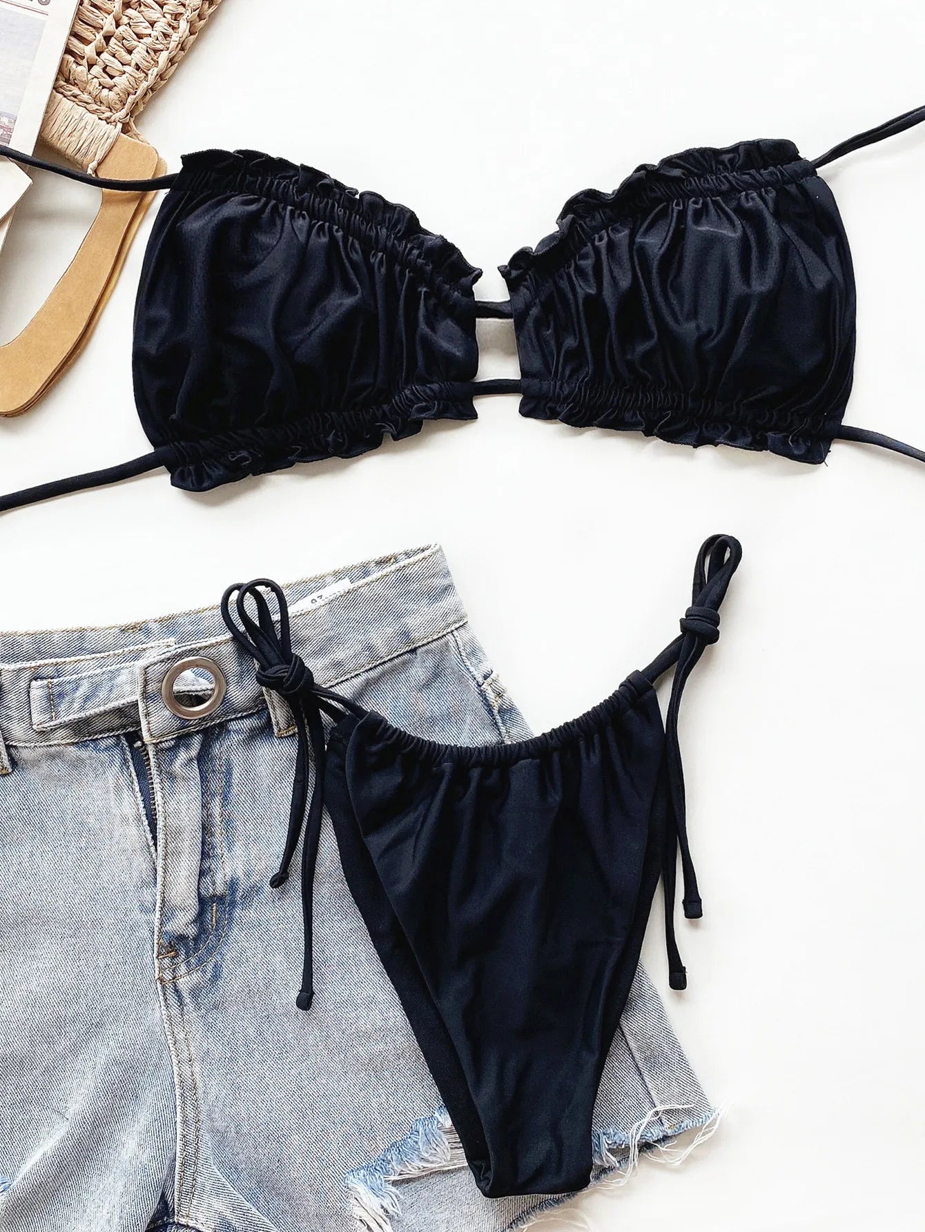 2023 Sexy Ruffle Frill Bikini Solid Swimwear Women Swimsuit Female Bikini Set Brazilian Bathing Suit Beachwear Swim Lady Bathers