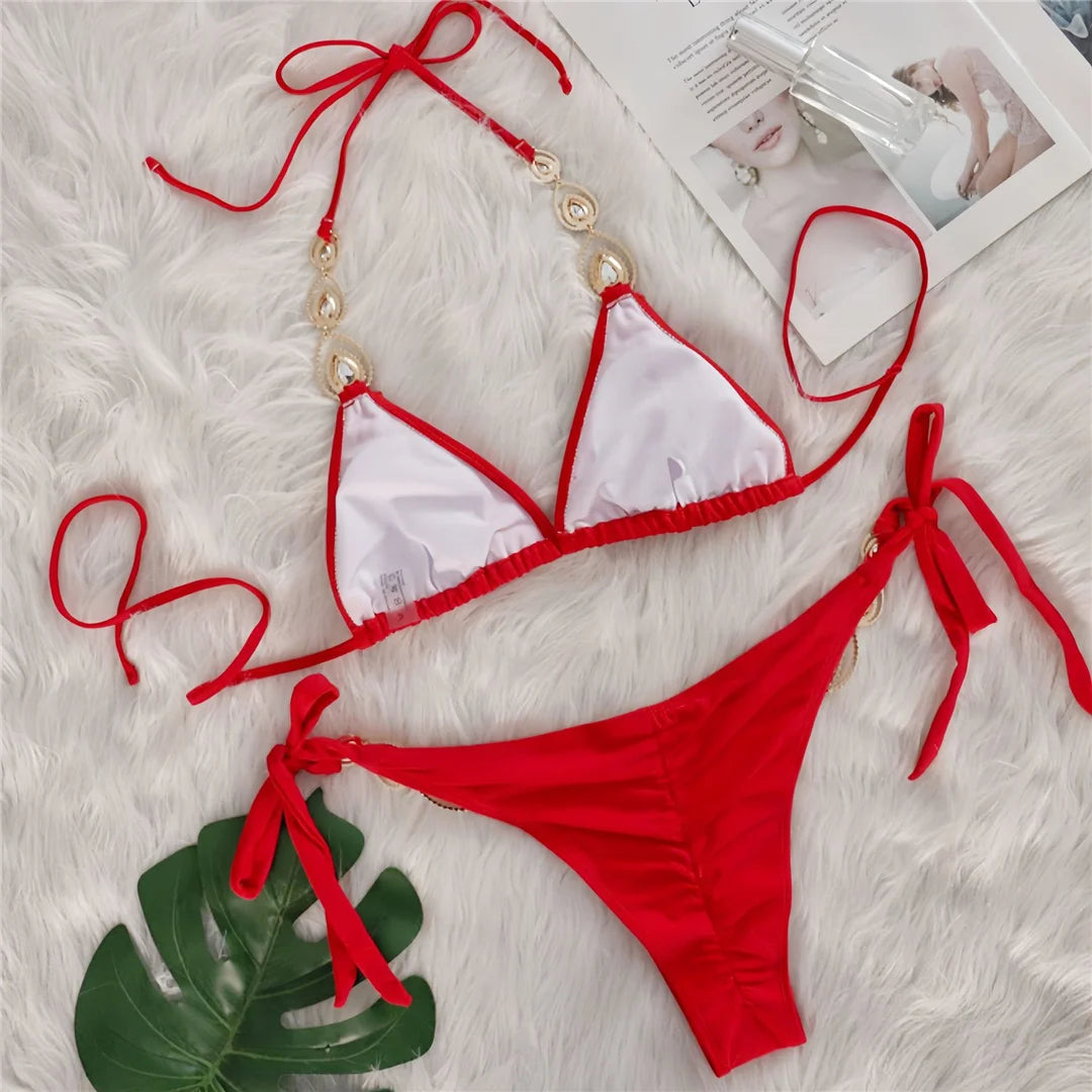 Sexy Diamond Rhinestones Scrunch Butt Bikini Women Swimwear Female Swimsuit Two-pieces Bikini set Bather Bathing Suit Swim V6149