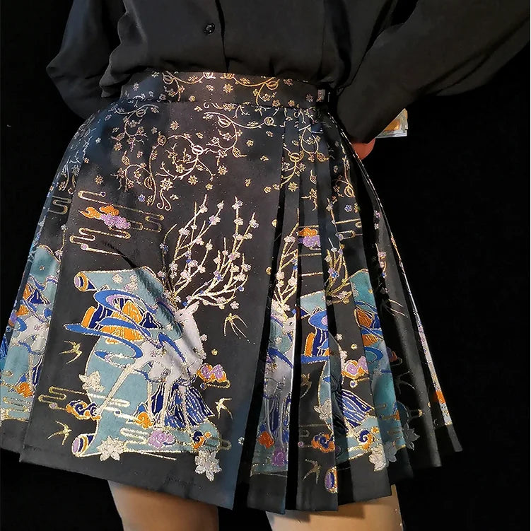 2024 New Fashion Chinese Style Retro Summer Printed Pleated Lace Up Women&
